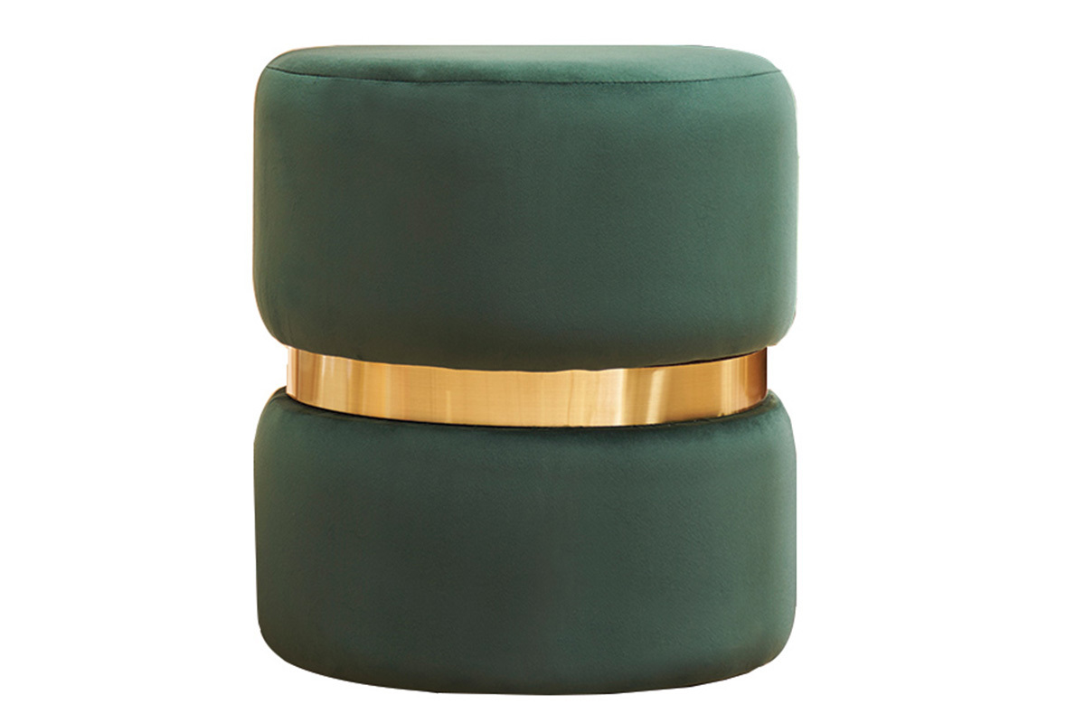 Pouf rotondo in velluto verde scuro e metallo dorato D40 cm JOY