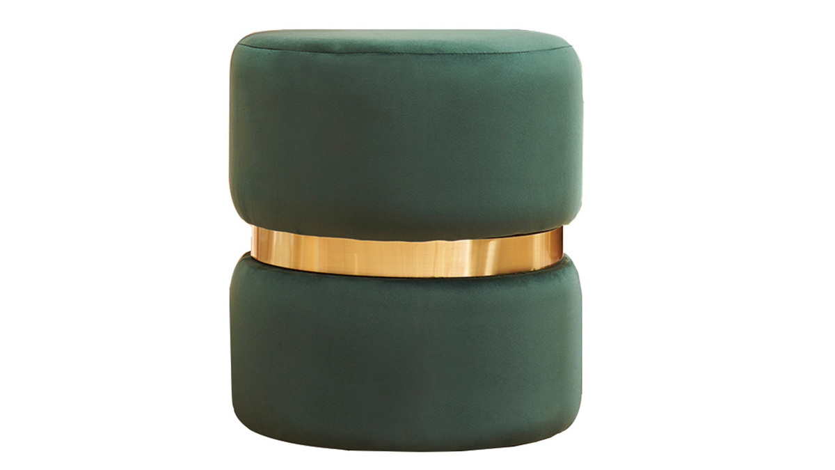 Pouf rotondo in velluto verde scuro e metallo dorato D40 cm JOY