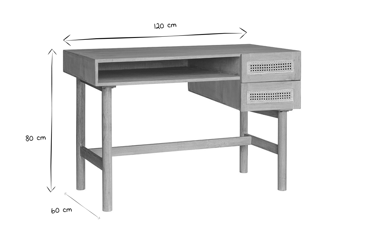 Scrivania in legno chiaro con scomparto e cassetti in paglia di Vienna rattan L120 cm GALINA