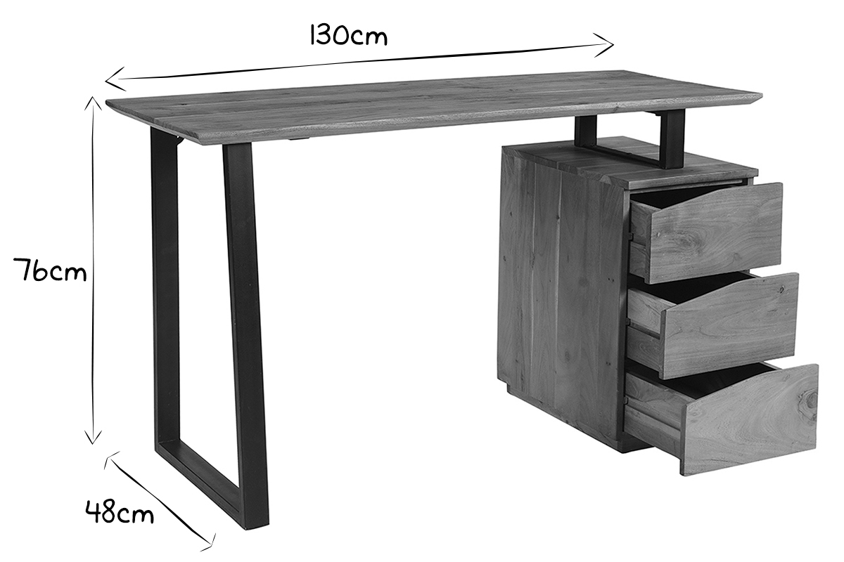 Scrivania in massello di acacia e metallo nero 3 cassetti L130 cm HORACE