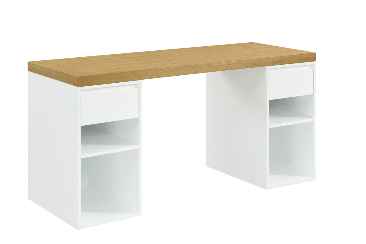 Scrivania scandinava con cassettiere bianco e legno chiaro L150 cm RACKEL