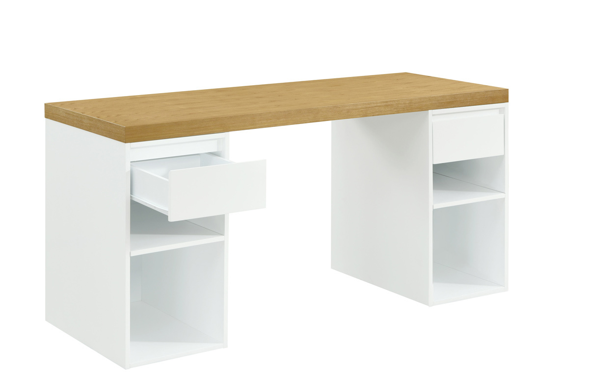 Scrivania scandinava con cassettiere bianco e legno chiaro L150 cm RACKEL