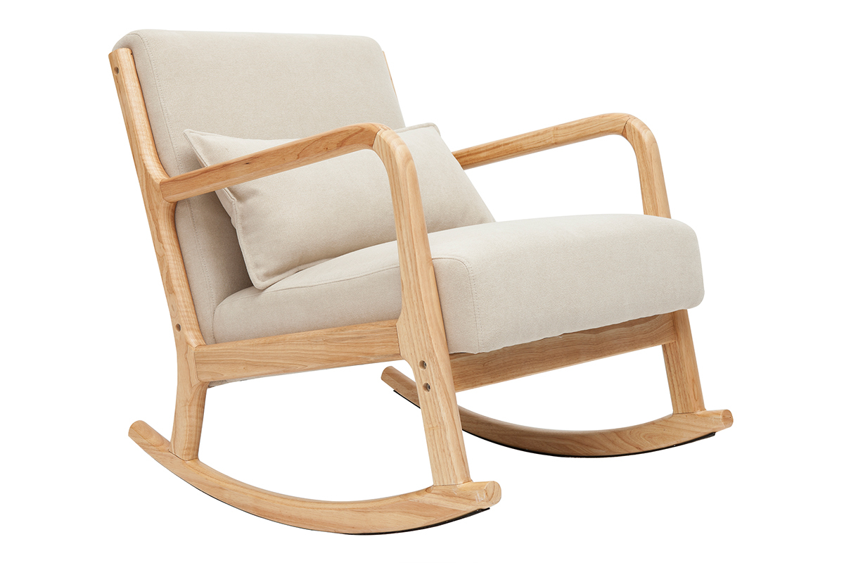 Sedia a dondolo scandinava legno chiaro e tessuto effetto velluto beige DERRY