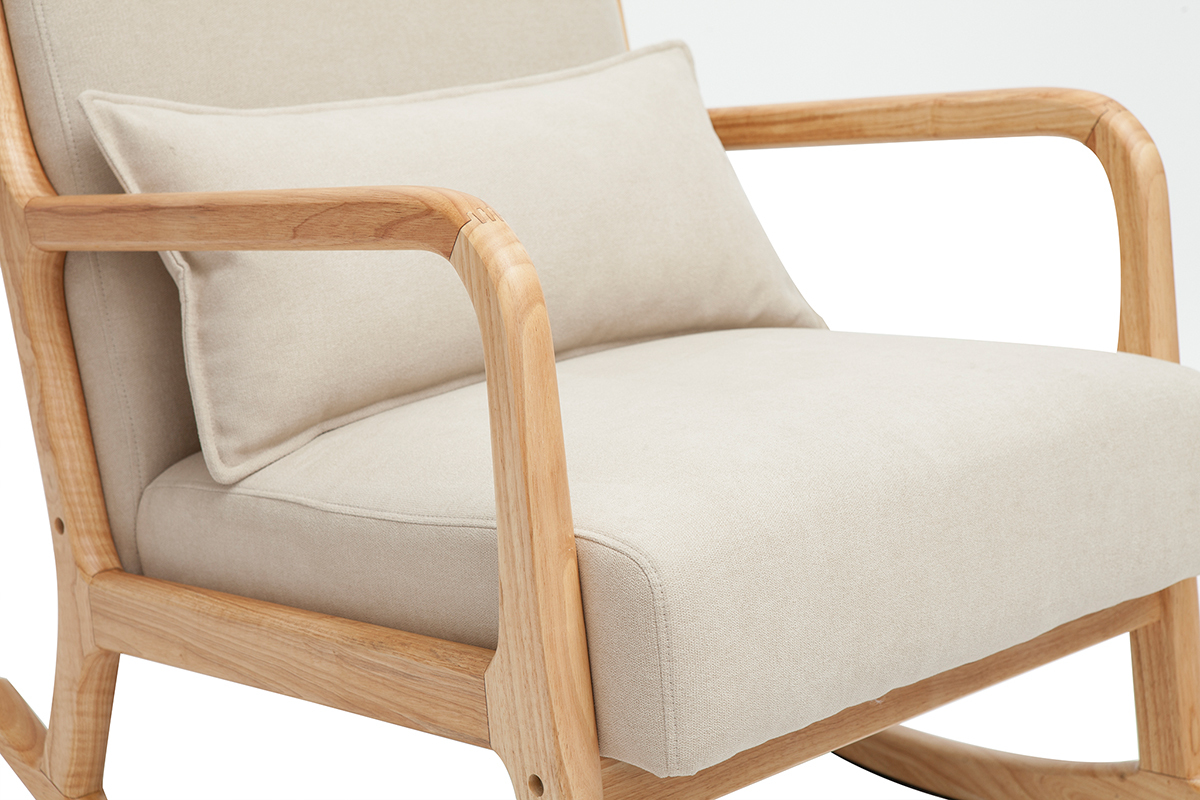 Sedia a dondolo scandinava legno chiaro e tessuto effetto velluto beige DERRY