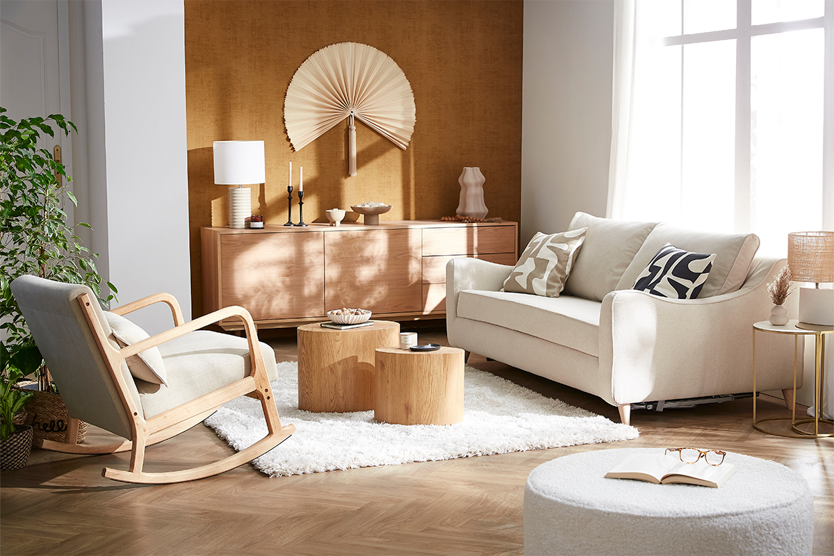 Sedia a dondolo scandinava legno chiaro e tessuto effetto velluto beige DERRY