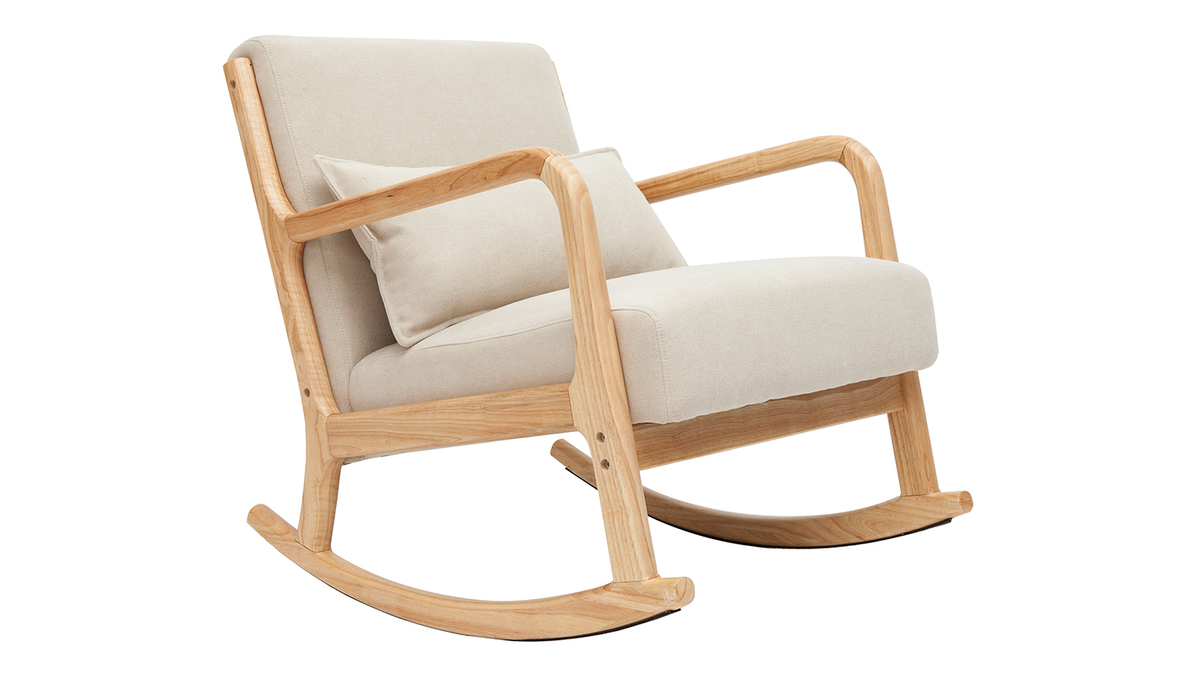 Sedia a dondolo scandinava legno chiaro e tessuto effetto velluto beige DERRY