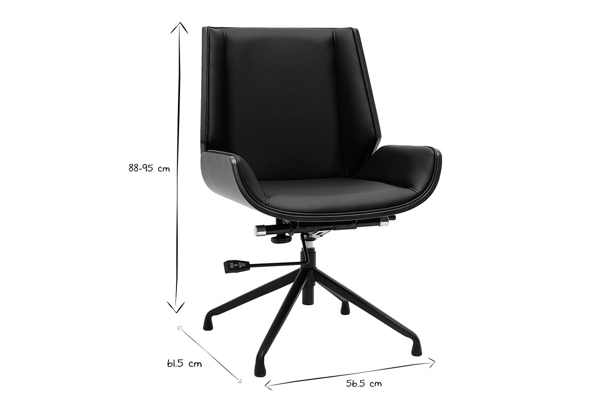 Sedia da ufficio design girevole a 360 nera, legno scuro noce e metallo nero CURVED