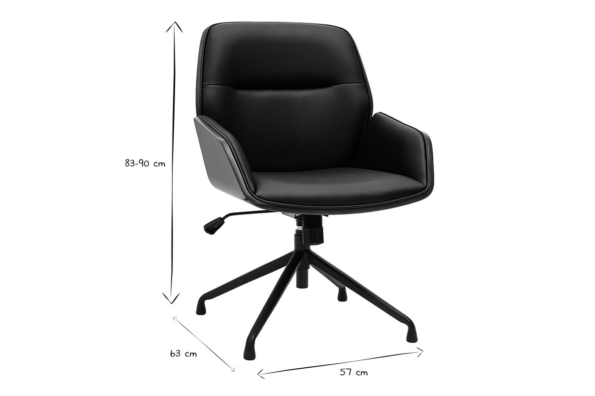 Sedia da ufficio girevole 360 nera design, legno scuro e metallo nero MARLOW