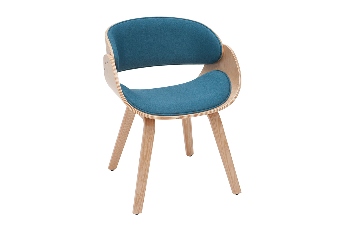 Sedia design tessuto blu anatra e legno chiaro BENT