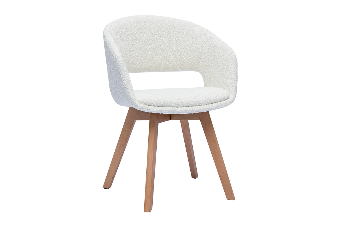 Sedia scandinava in tessuto effetto lana boucl bianco e legno massello chiaro PRISMA