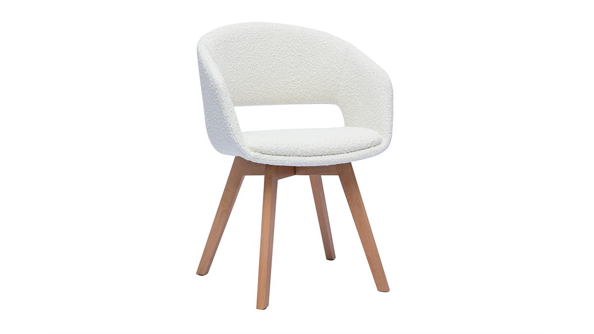 Sedia scandinava in tessuto effetto lana boucl bianco e legno massello chiaro PRISMA