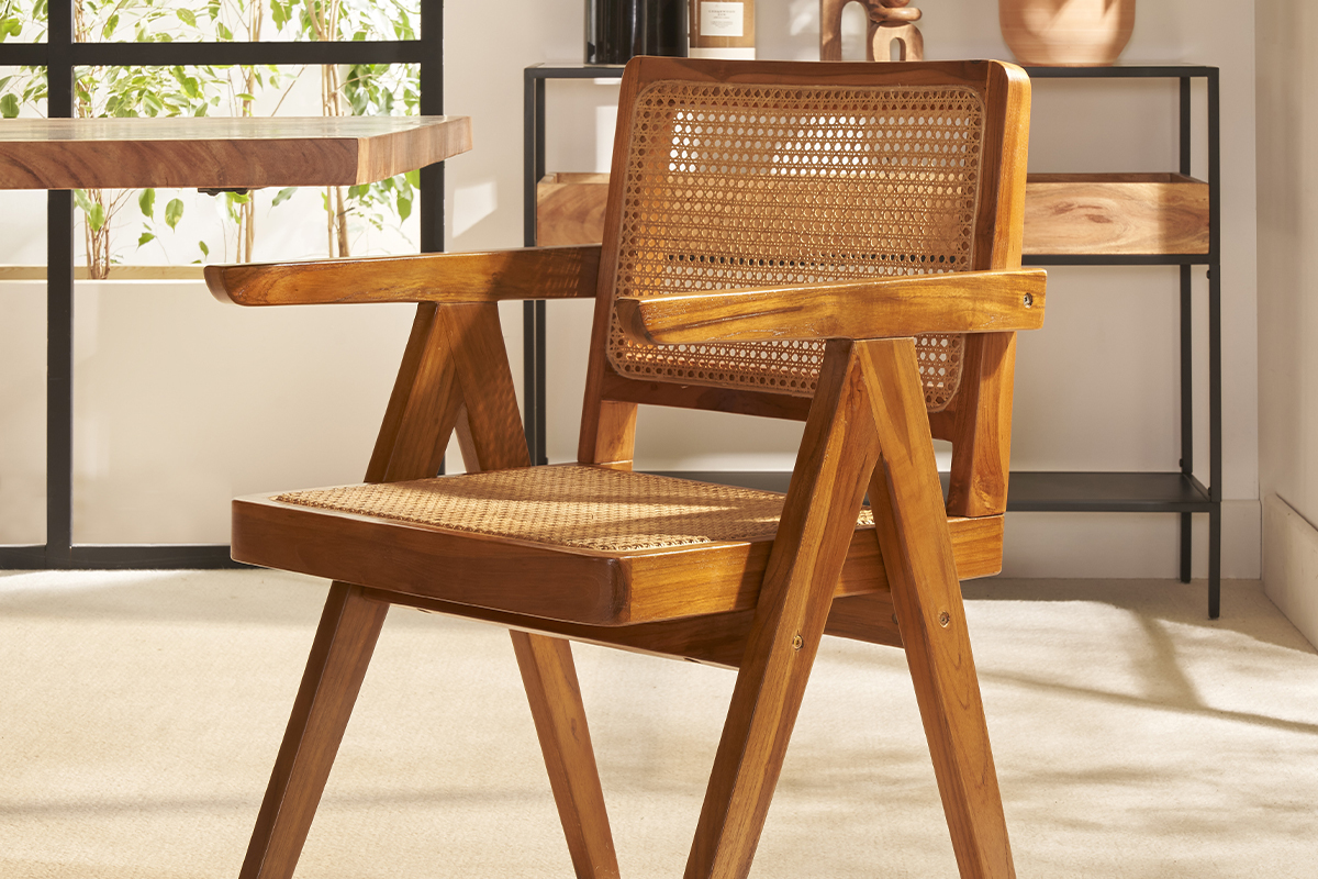 Sedia vintage in legno massello di teak e motivo a intreccio rattan JANNIE