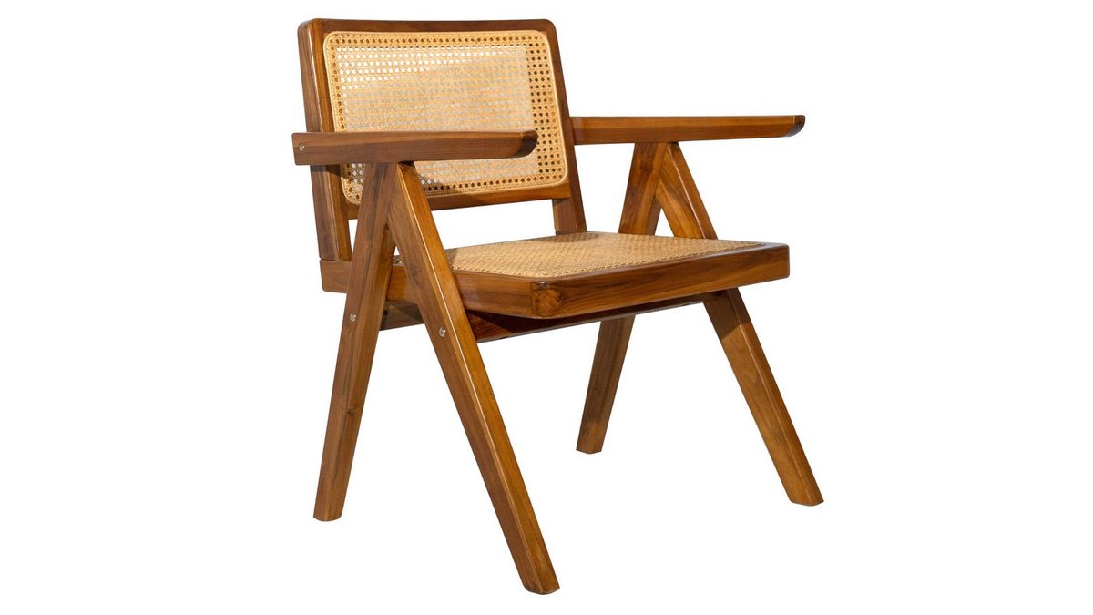 Sedia vintage in legno massello di teak e motivo a intreccio rattan JANNIE