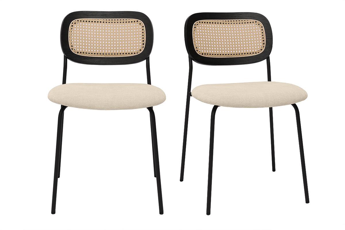 Sedie dal design in tessuto effetto velluto beige, metallo nero e intreccio di rattan (set di 2) MIRANDA