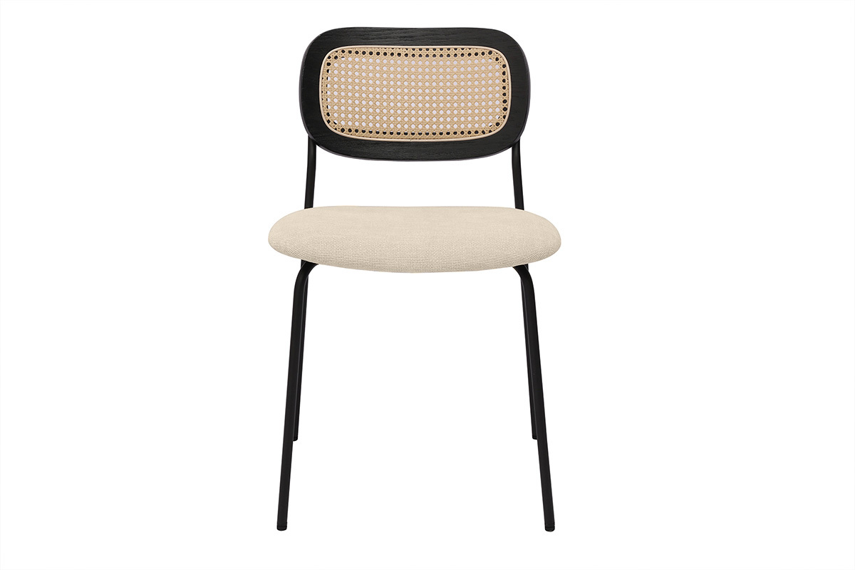 Sedie dal design in tessuto effetto velluto beige, metallo nero e intreccio di rattan (set di 2) MIRANDA