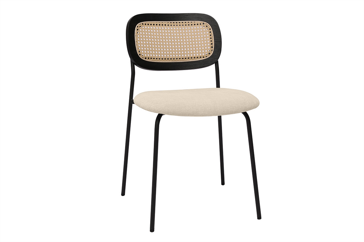 Sedie dal design in tessuto effetto velluto beige, metallo nero e intreccio di rattan (set di 2) MIRANDA