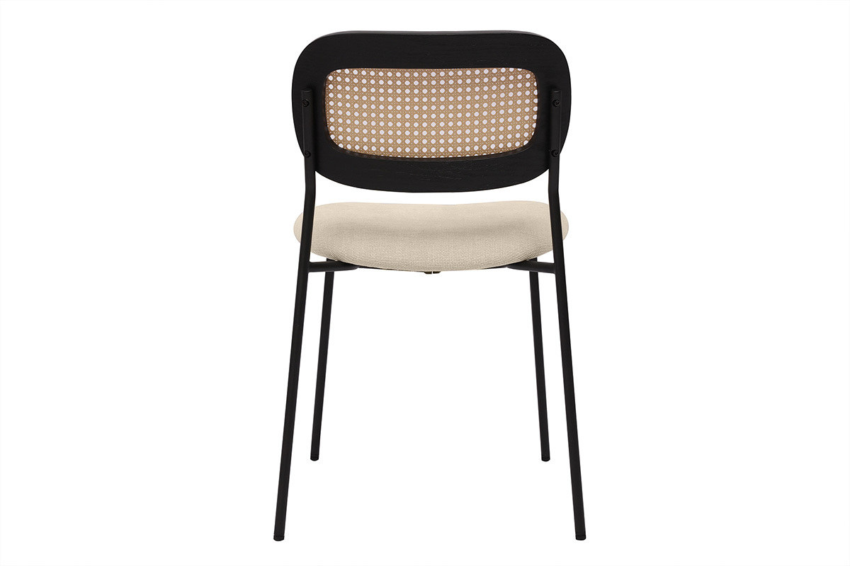 Sedie dal design in tessuto effetto velluto beige, metallo nero e intreccio di rattan (set di 2) MIRANDA