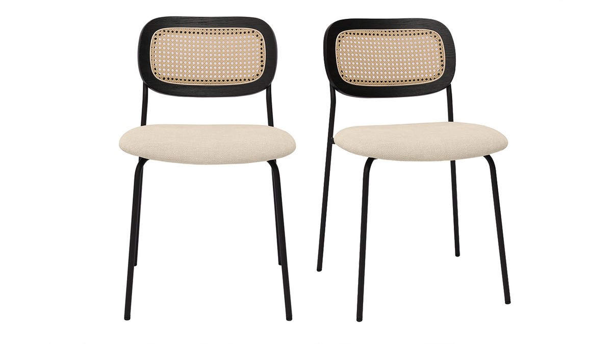 Sedie dal design in tessuto effetto velluto beige, metallo nero e intreccio di rattan (set di 2) MIRANDA