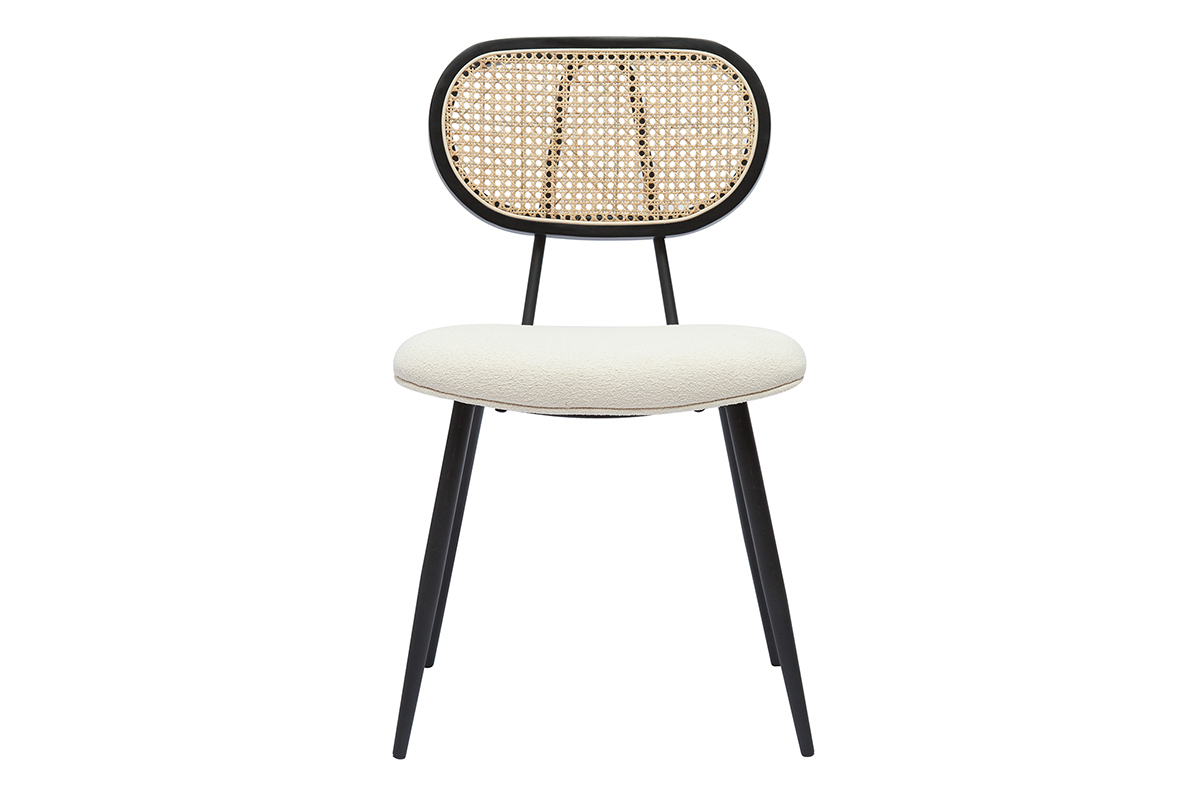 Sedie design in tessuto effetto lana boucl bianco crema, metallo nero e motivo a intreccio rattan naturale (set di 2) TOLMA