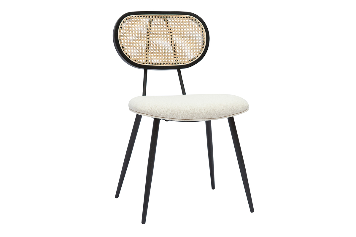 Sedie design in tessuto effetto lana boucl bianco crema, metallo nero e motivo a intreccio rattan naturale (set di 2) TOLMA