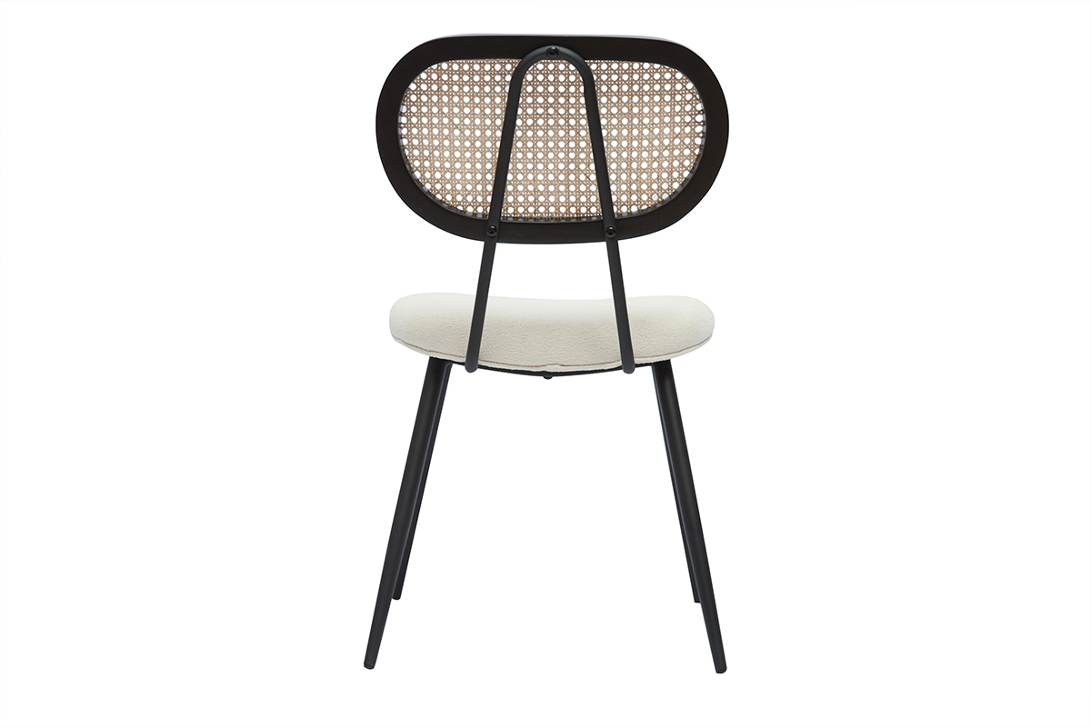 Sedie design in tessuto effetto lana boucl bianco crema, metallo nero e motivo a intreccio rattan naturale (set di 2) TOLMA