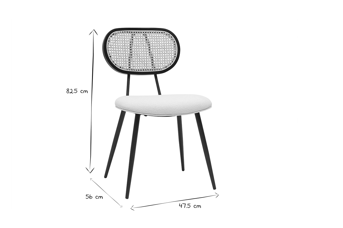 Sedie design in tessuto effetto lana boucl bianco crema, metallo nero e motivo a intreccio rattan naturale (set di 2) TOLMA