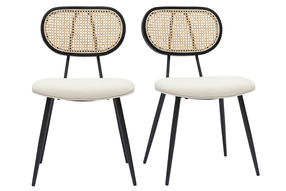 Sedie design in tessuto effetto lana boucl bianco crema, metallo nero e motivo a intreccio rattan naturale (set di 2) TOLMA