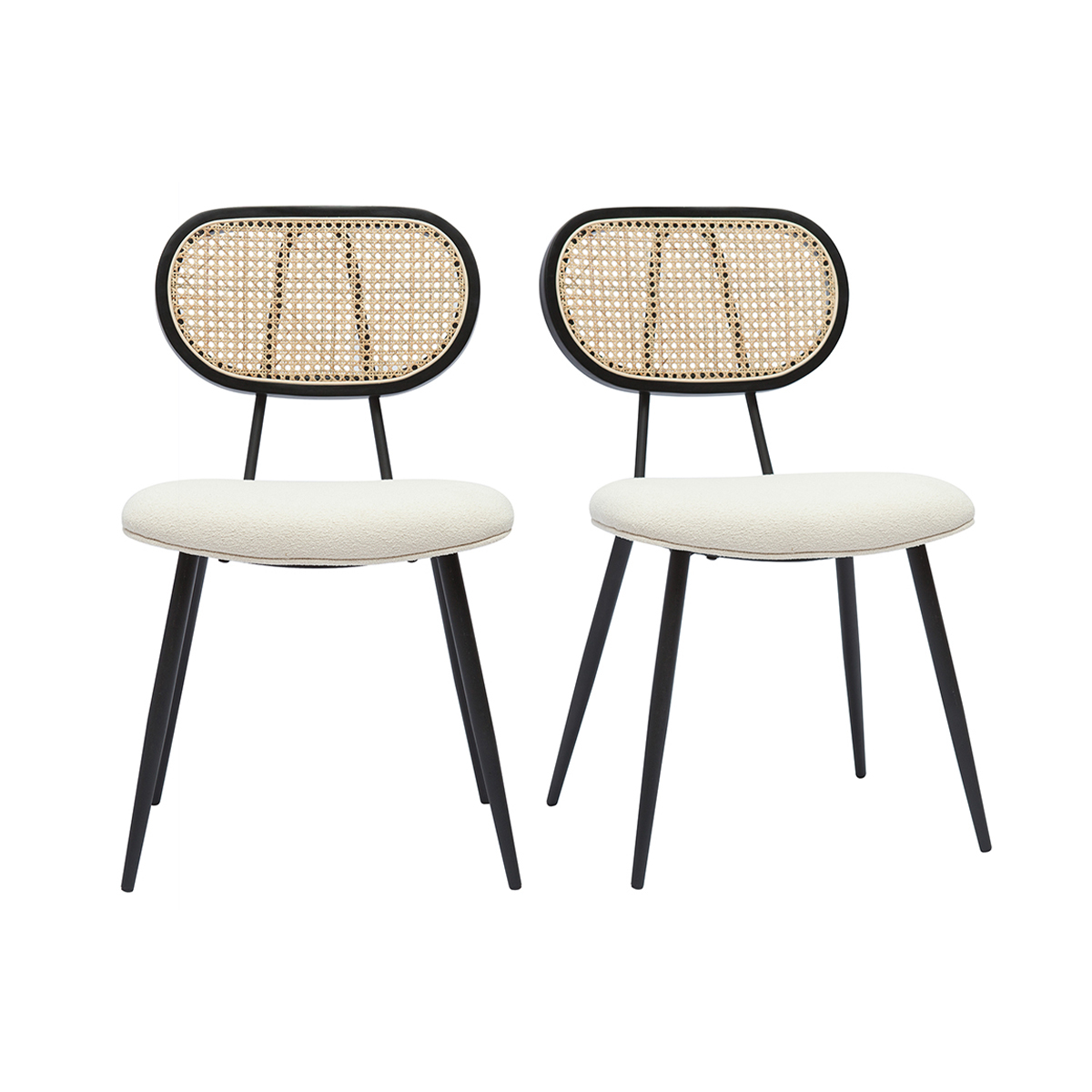 Sedie design in tessuto effetto lana bouclé bianco crema, metallo nero e motivo a intreccio rattan naturale (set di 2) TOLMA