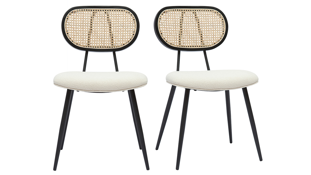 Sedie design in tessuto effetto lana boucl bianco crema, metallo nero e motivo a intreccio rattan naturale (set di 2) TOLMA