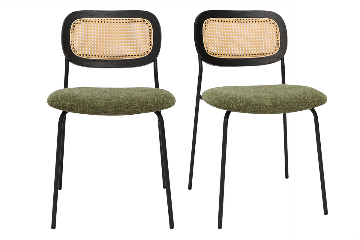 Sedie design in tessuto effetto velluto testurizzato verde kaki, metallo nero e intreccio di rattan (set di 2) MIRANDA