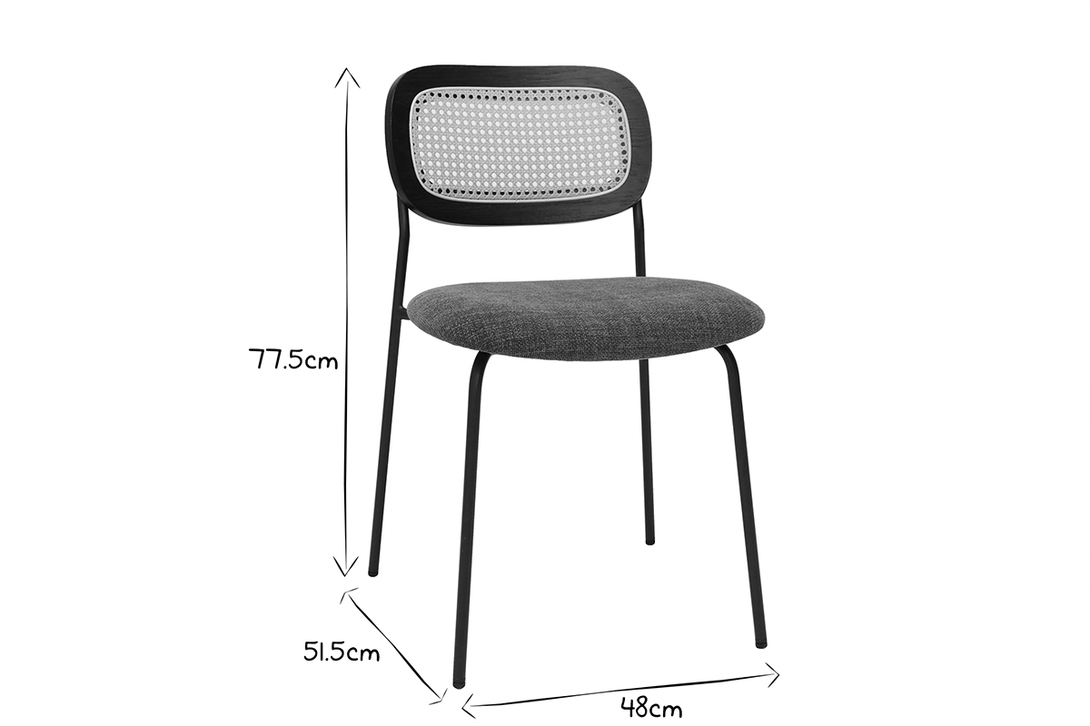 Sedie design in tessuto effetto velluto testurizzato verde kaki, metallo nero e intreccio di rattan (set di 2) MIRANDA