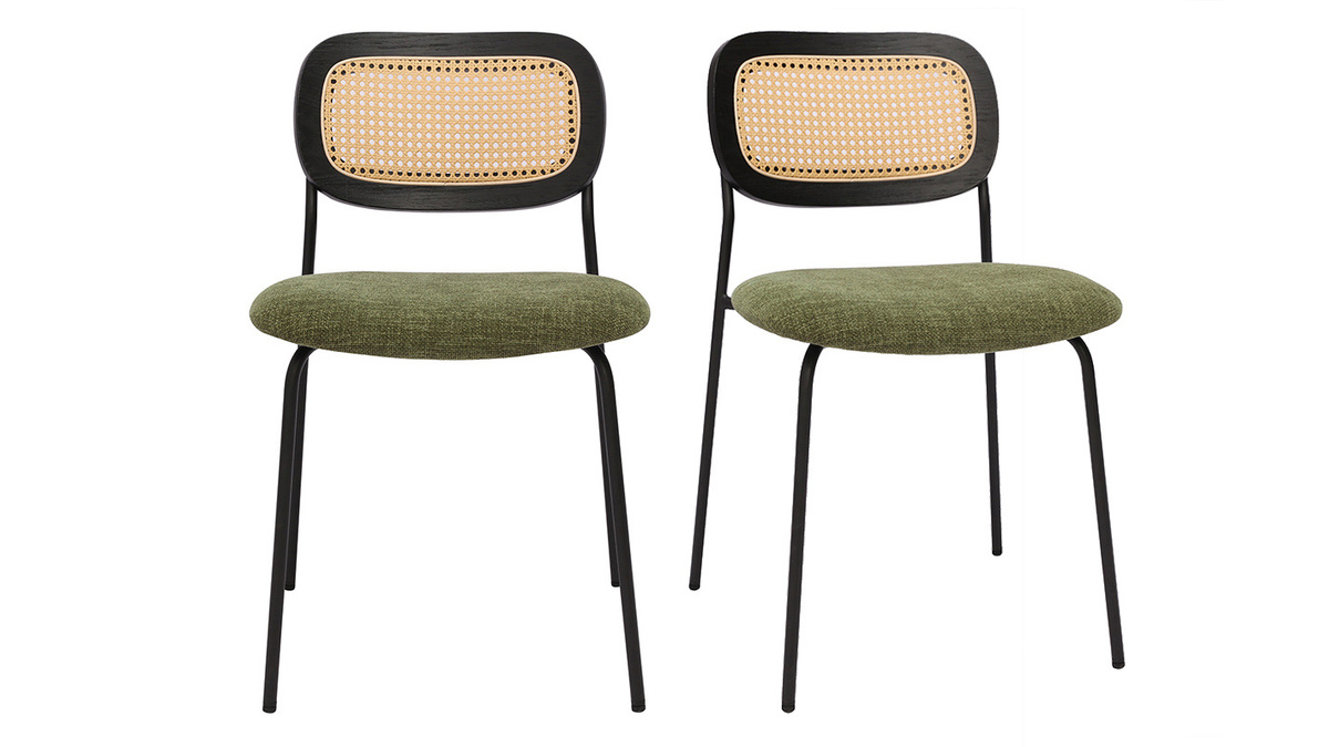 Sedie design in tessuto effetto velluto testurizzato verde kaki, metallo nero e intreccio di rattan (set di 2) MIRANDA