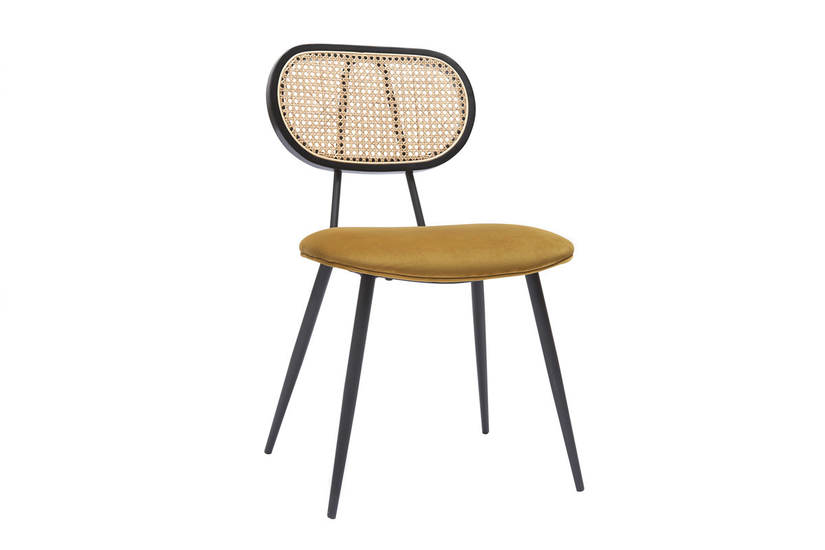 Sedie design in tessuto velluto bronzo, metallo nero e motivo a intreccio rattan naturale (set di 2) TOLMA