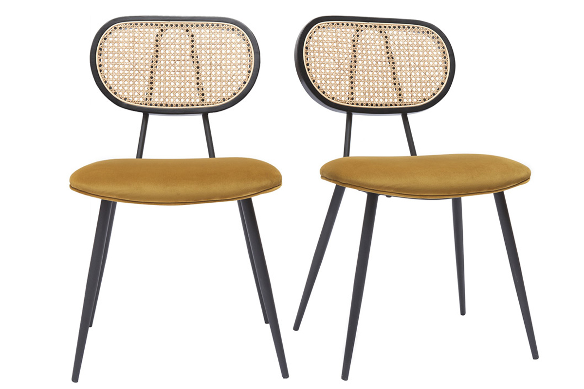 Sedie design in tessuto velluto bronzo, metallo nero e motivo a intreccio rattan naturale (set di 2) TOLMA