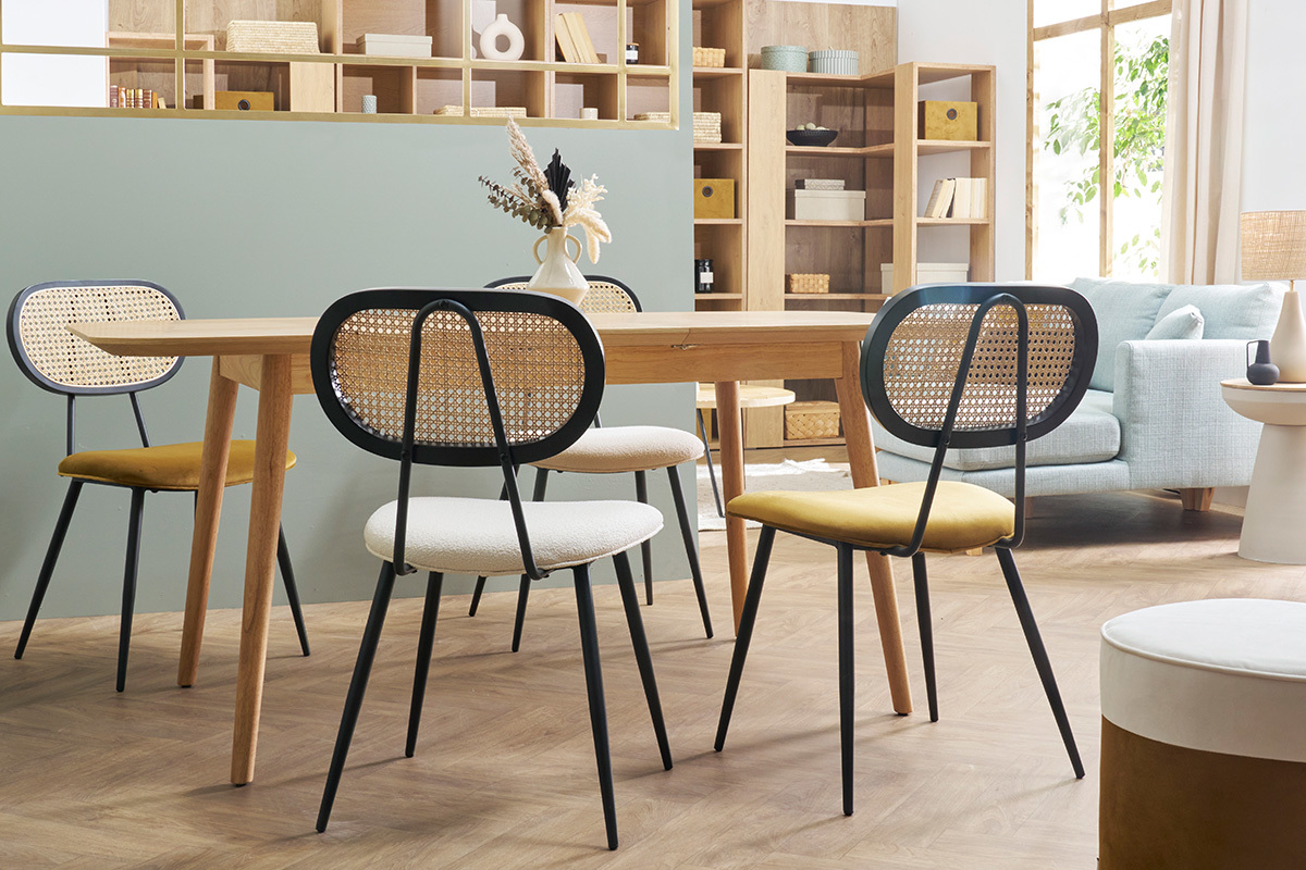 Sedie design in tessuto velluto bronzo, metallo nero e motivo a intreccio rattan naturale (set di 2) TOLMA