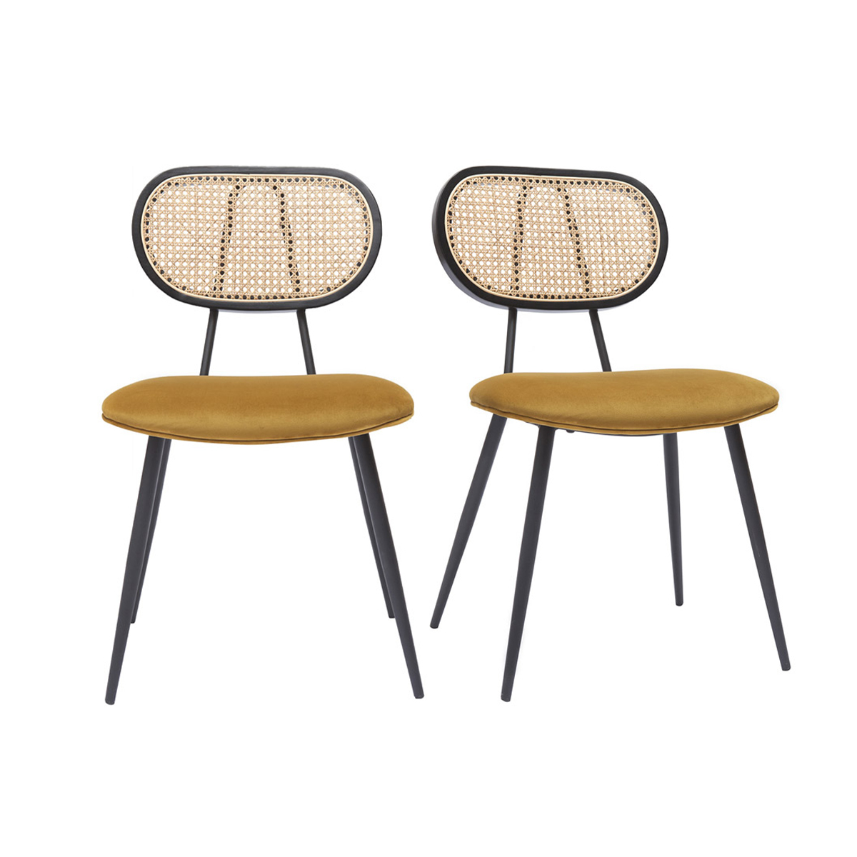 Sedie design in tessuto velluto bronzo, metallo nero e motivo a intreccio rattan naturale (set di 2) TOLMA