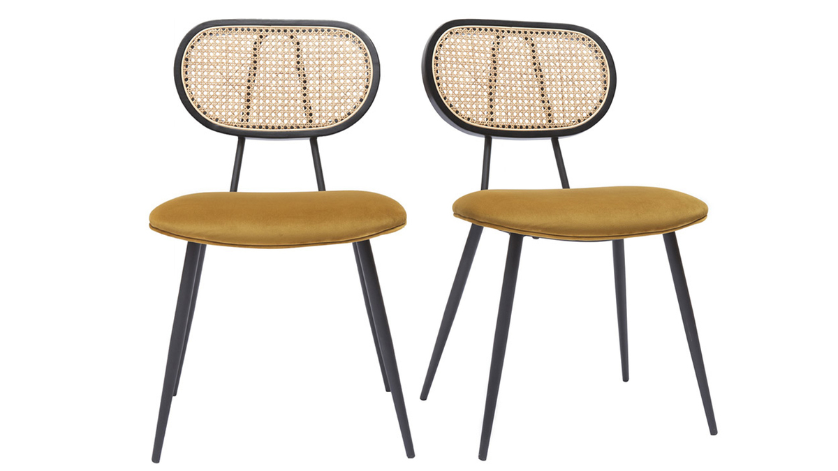 Sedie design in tessuto velluto bronzo, metallo nero e motivo a intreccio rattan naturale (set di 2) TOLMA