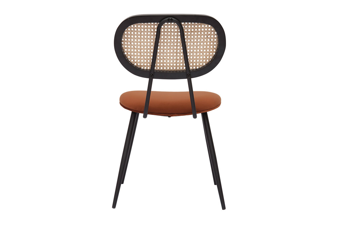 Sedie design in tessuto velluto color bruciato, metallo nero e motivo a intreccio rattan naturale (set di 2) TOLMA