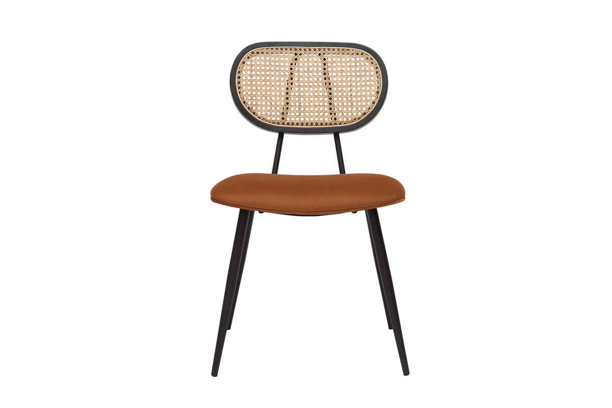 Sedie design in tessuto velluto color bruciato, metallo nero e motivo a intreccio rattan naturale (set di 2) TOLMA