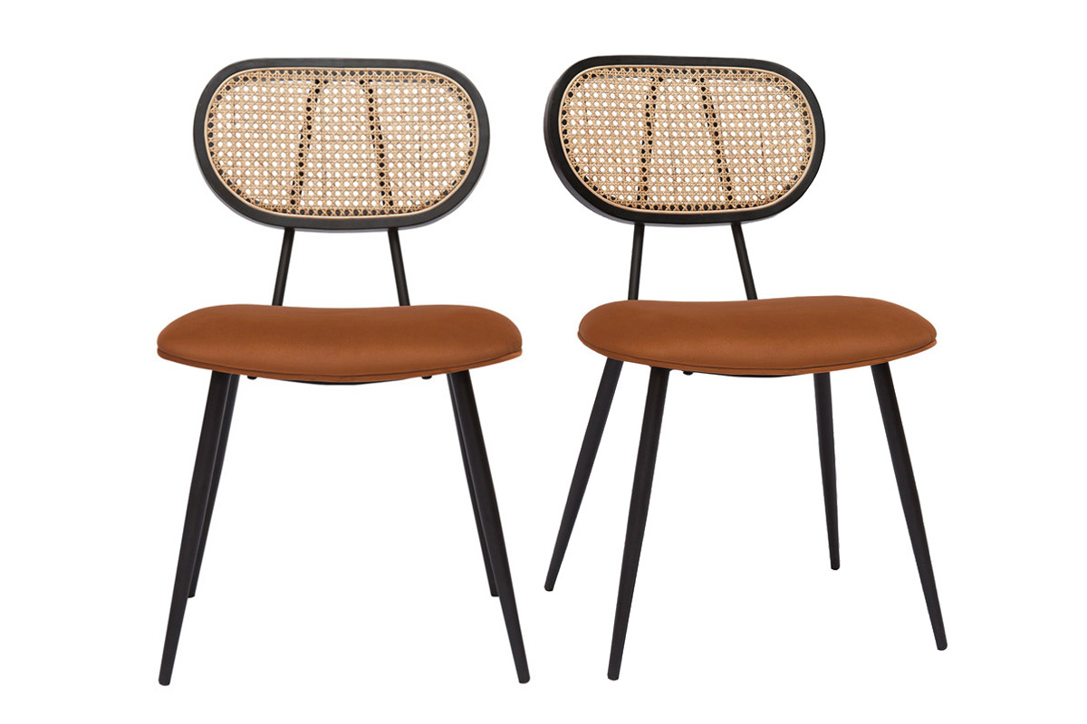 Sedie design in tessuto velluto color bruciato, metallo nero e motivo a intreccio rattan naturale (set di 2) TOLMA