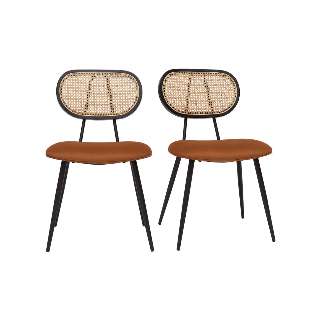 Sedie design in tessuto velluto color bruciato, metallo nero e motivo a intreccio rattan naturale (set di 2) TOLMA