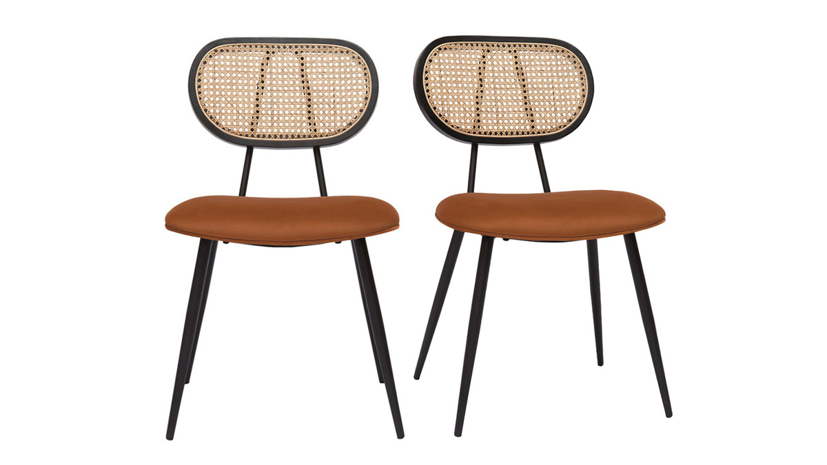 Sedie design in tessuto velluto color bruciato, metallo nero e motivo a intreccio rattan naturale (set di 2) TOLMA