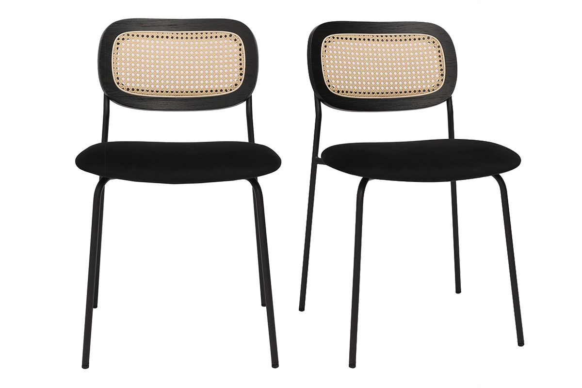 Sedie design in velluto nero, metallo nero e intreccio in rattan (set di 2) MIRANDA