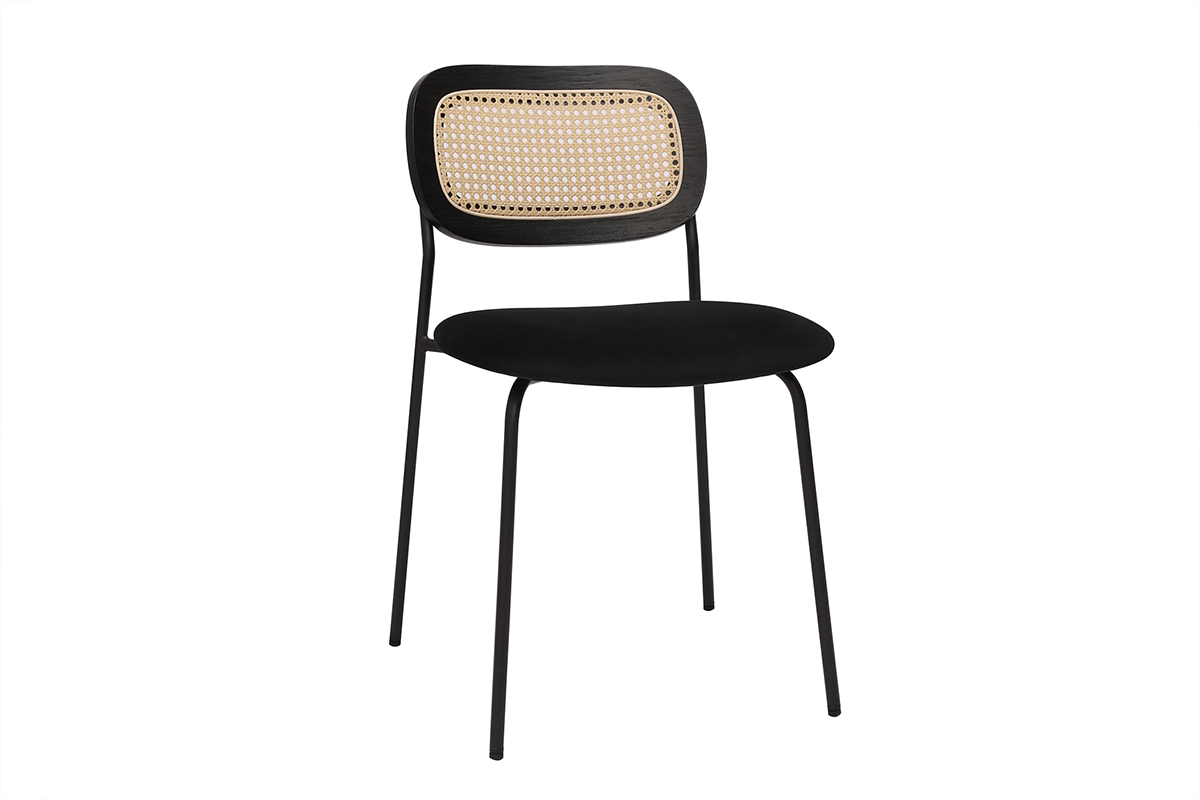 Sedie design in velluto nero, metallo nero e intreccio in rattan (set di 2) MIRANDA