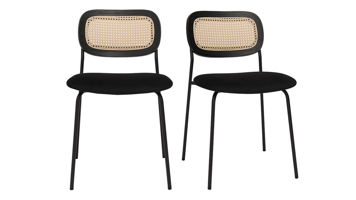 Sedie design in velluto nero, metallo nero e intreccio in rattan (set di 2) MIRANDA