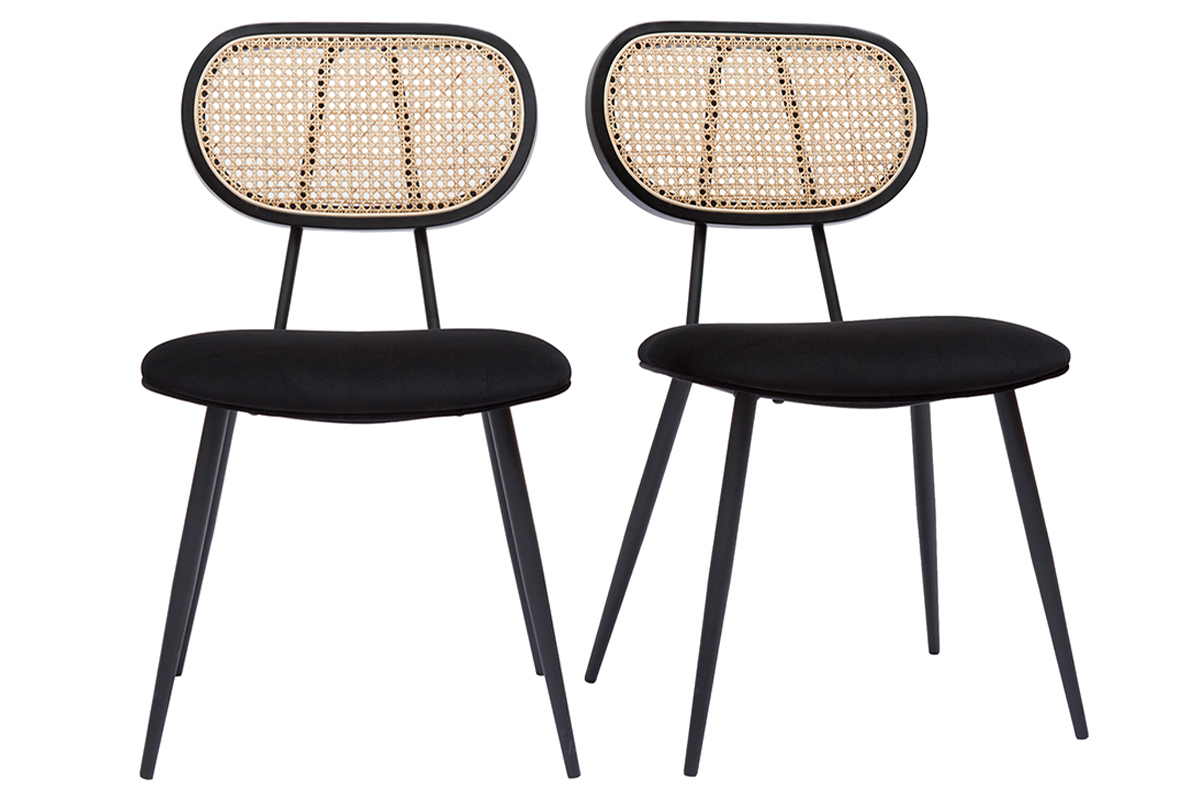 Sedie design nere in tessuto velluto, metallo e motivo a intreccio rattan naturale (set di 2) TOLMA