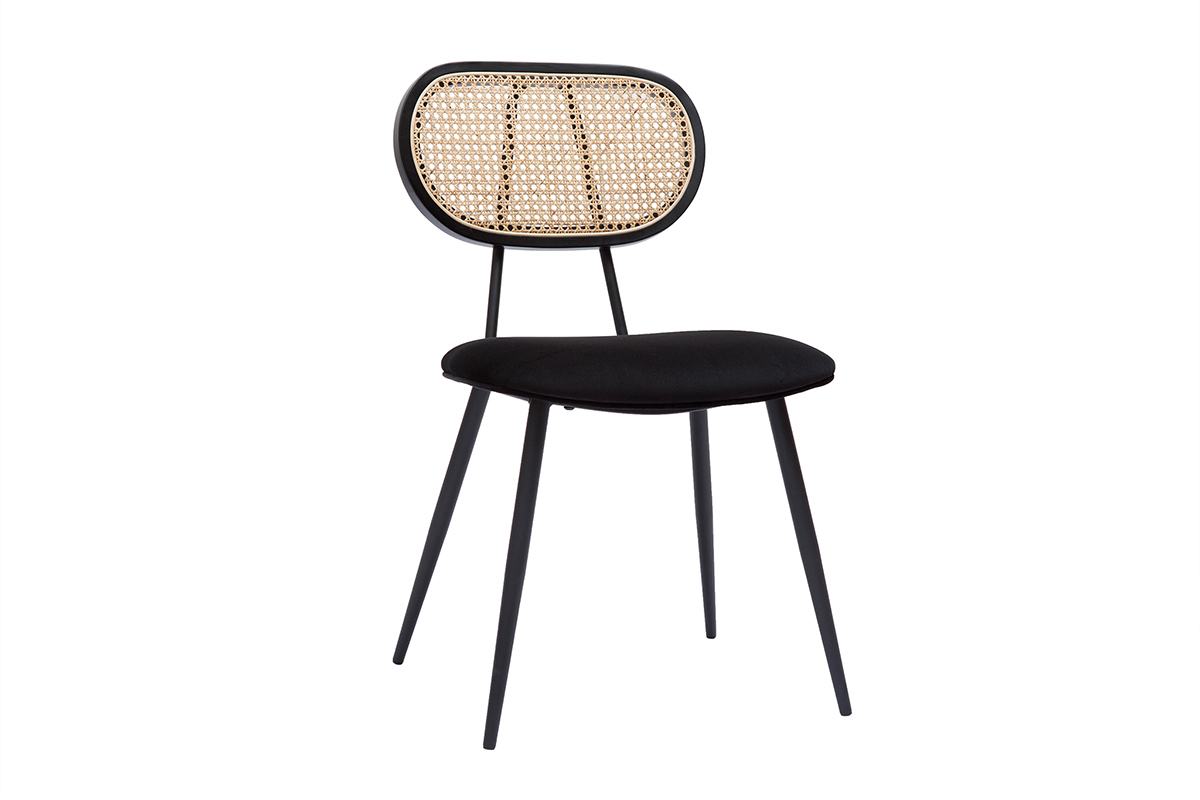 Sedie design nere in tessuto velluto, metallo e motivo a intreccio rattan naturale (set di 2) TOLMA