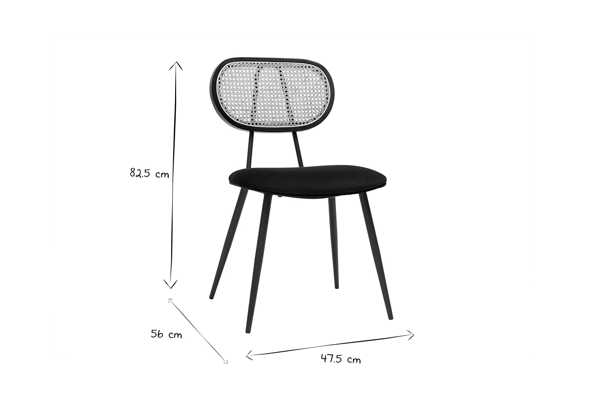 Sedie design nere in tessuto velluto, metallo e motivo a intreccio rattan naturale (set di 2) TOLMA