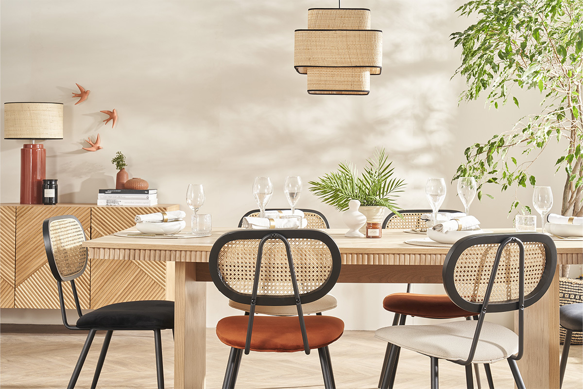 Sedie design nere in tessuto velluto, metallo e motivo a intreccio rattan naturale (set di 2) TOLMA