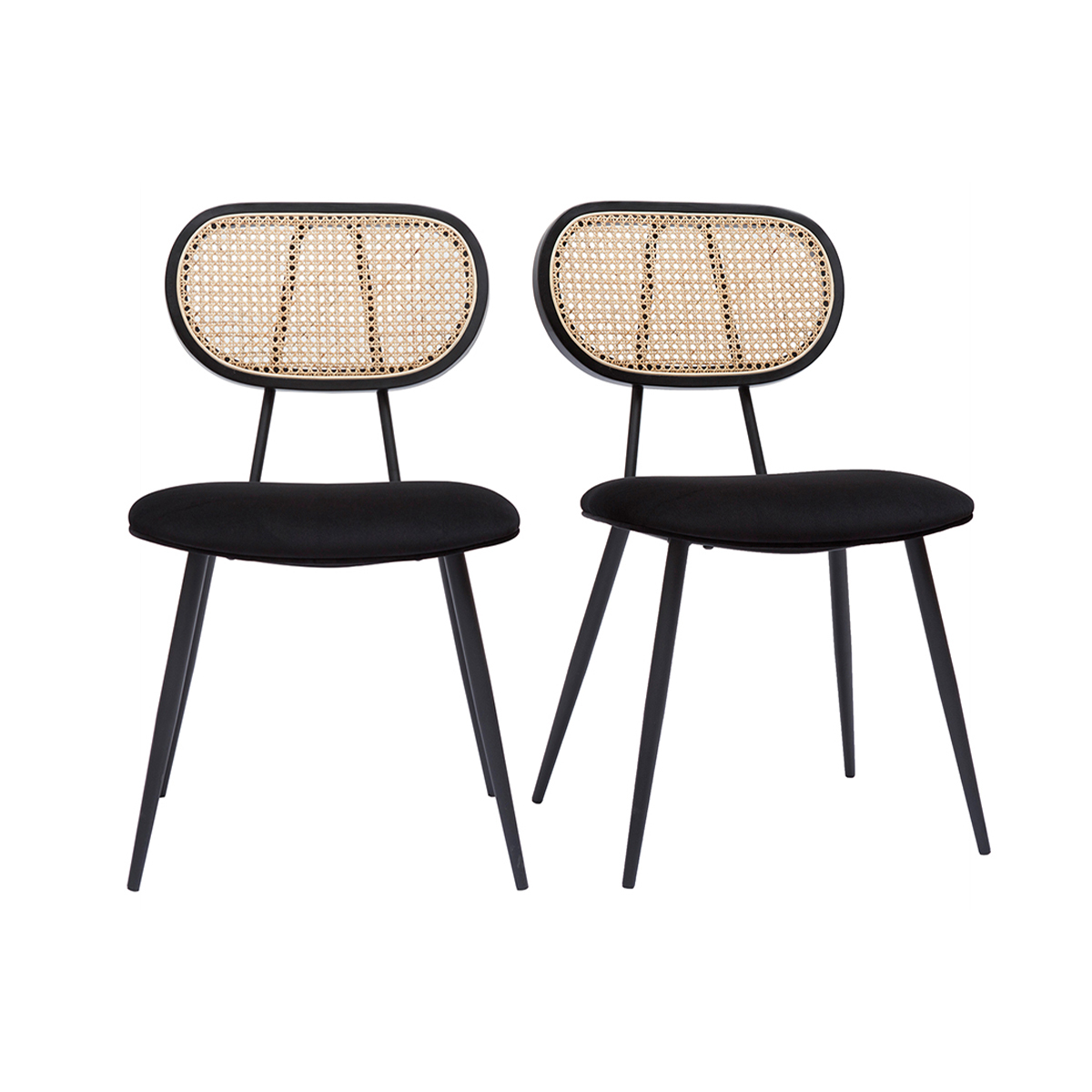 Sedie design nere in tessuto velluto, metallo e motivo a intreccio rattan naturale (set di 2) TOLMA